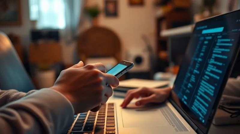Photorealistic, professional photography, 8K, cinematic lighting, sharp focus, depth of field, shot on a high-end DSLR. A person's hand reaching for a smartphone, which is buzzing with notifications, while their other hand is poised over a laptop keyboard, indicating a struggle with digital distractions in a home office setting. The background is a slightly messy but cozy home environment, highlighting the blurred lines between work and personal life. The lighting is slightly tense, reflecting the internal conflict.