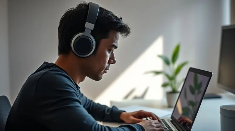 Photorealistic, professional photography, 8K, cinematic lighting, sharp focus, depth of field, shot on a high-end DSLR. A person wearing noise-canceling headphones, deeply focused on a laptop screen in a clean, minimalist home office. Sunlight streams through a window, highlighting a plant on the desk, creating an atmosphere of calm and concentration. The desk is free of clutter, emphasizing a deliberate effort to minimize distractions.