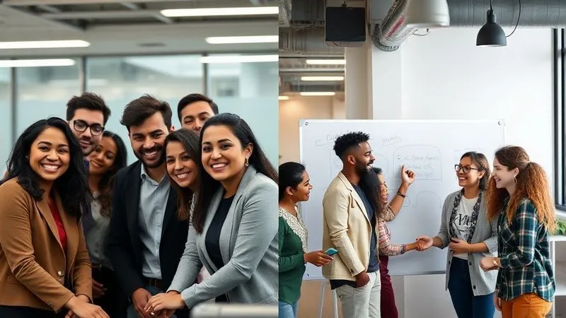 A split image showing a clear contrast. On the left, a dull, generic stock photo of a diverse business team smiling unnaturally in a sterile office. On the right, a vibrant, authentic, candid photorealistic image of a small, diverse team genuinely collaborating and laughing around a whiteboard in a modern, well-lit co-working space, shot on a high-end DSLR, 8K, cinematic lighting, sharp focus, depth of field.