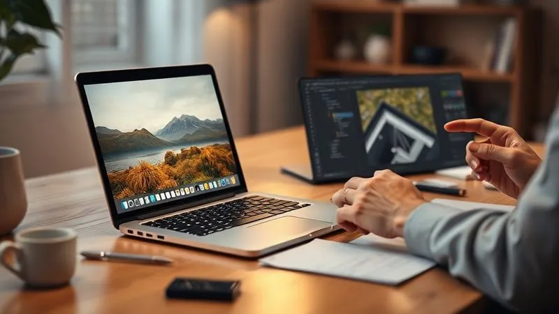 Photorealistic professional photography, 8K, cinematic lighting, sharp focus, depth of field. A creative workspace table with a laptop displaying a generic stock photo on one side, and on the other side, a designer's hands are subtly editing the same image using a graphic design software, adding a unique color filter, a subtle texture overlay, and a brand-aligned typography element, transforming it into a personalized, unique visual. The atmosphere is calm and focused.