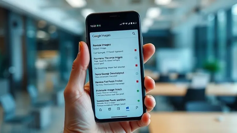 Photorealistic professional photography, 8K, cinematic lighting, sharp focus, depth of field. A person's hand holding a smartphone, with the screen displaying a reverse image search result on Google Images. The search results show multiple instances of the same image being used across various websites, some with red flags indicating potential misuse or over-saturation. The background is a blurred, modern office environment.
