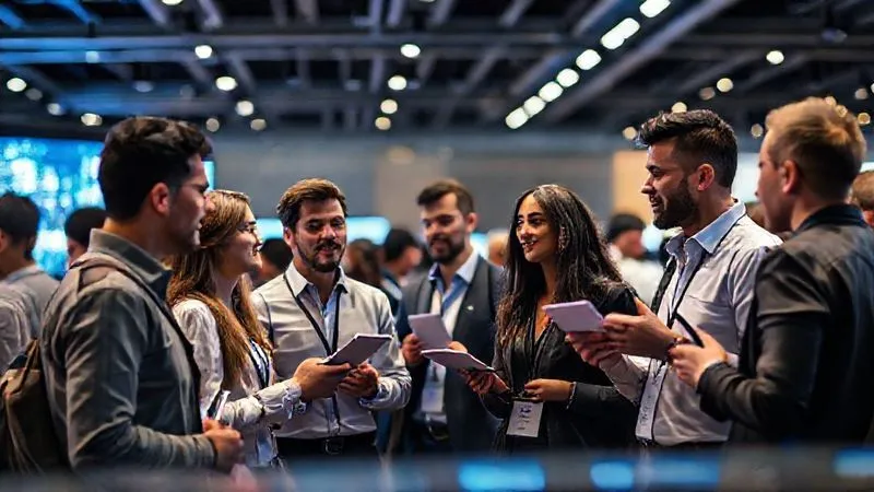 A photorealistic image of a diverse group of entrepreneurs networking at a modern tech conference, exchanging business cards and ideas, with a background of glowing screens and futuristic architecture. Cinematic lighting, sharp focus on the interactions, depth of field blurring the background, 8K hyper-detailed, professional photography, shot on a high-end DSLR.