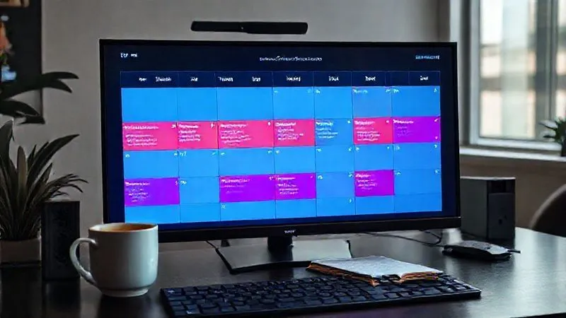 Photorealistic image of a detailed, color-coded digital calendar on a large monitor, showing clearly defined blocks for 'Corporate Work', 'Freelance Project A', 'Personal Time', and 'Deep Work', with a coffee cup and a notepad beside a keyboard. Cinematic lighting, sharp focus, 8K, professional photography, shot on a high-end DSLR.