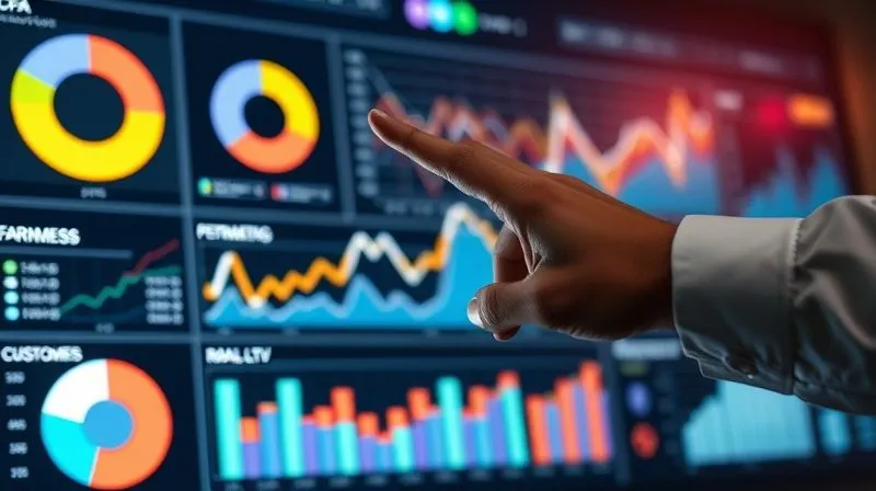 A photorealistic image of a sophisticated analytics dashboard with various charts and graphs, showing trends for CPA, ROAS, and LTV. A data scientist's hand points to a positive trend line, illuminated by cinematic lighting. Sharp focus on the data, with a slight depth of field blurring the background, 8K hyper-detailed, professional photography, shot on a high-end DSLR.