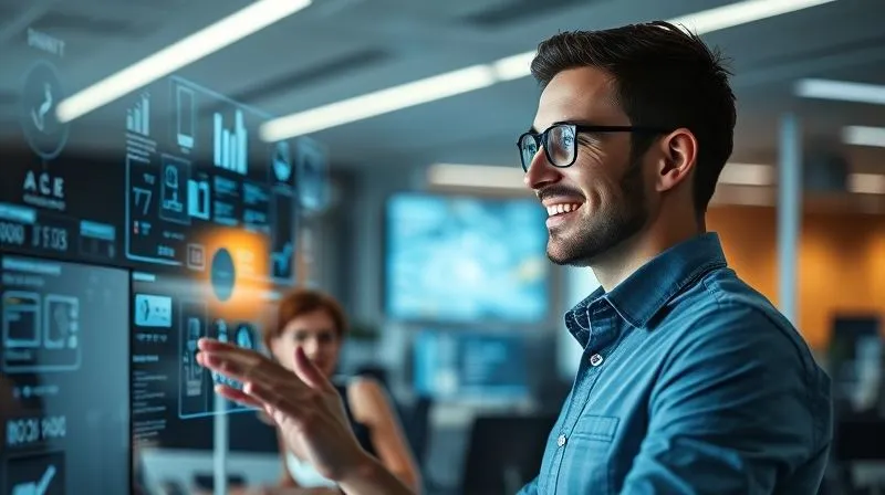 Photorealistic image of a futuristic office environment where a human consultant is interacting seamlessly with holographic interfaces and smart screens, representing the harmonious integration of digital automation in consulting. The consultant is smiling, looking productive and relaxed. Cinematic lighting, sharp focus on the interaction, depth of field blurring the background, 8K hyper-detailed.