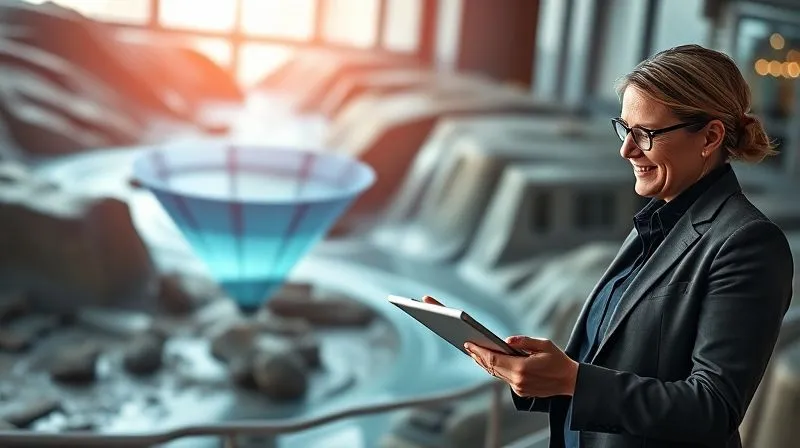 Photorealistic image of a digital marketing funnel visualized as a flowing river of data and leads, with automated segments represented by intelligent gates guiding the flow towards a conversion point. A consultant observes the process on a sleek tablet, smiling confidently. Cinematic lighting, sharp focus on the funnel's flow, depth of field blurring the background, 8K hyper-detailed.