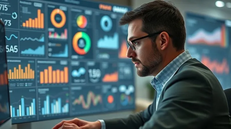 Photorealistic image of a consultant meticulously analyzing a complex digital dashboard filled with various charts, graphs, and KPIs related to online consulting and automation performance. The consultant has a focused expression, surrounded by a clean, modern workspace. Cinematic lighting, sharp focus on the dashboard, depth of field blurring the background, 8K hyper-detailed.