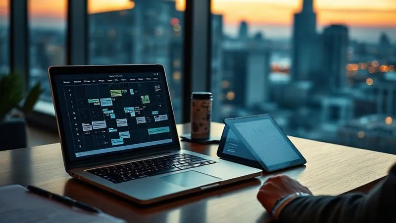 A photorealistic image of a professional consultant's desk at dusk. On the desk, a laptop displays a complex calendar with smart scheduling suggestions, while a tablet shows an AI chatbot interacting with clients. The background features a blurred cityscape through a window. Cinematic lighting, sharp focus on the digital interfaces, depth of field. 8K hyper-detailed, professional photography, shot on a high-end DSLR.