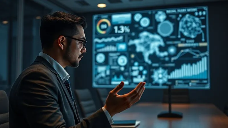 A photorealistic image of a consultant (diverse, professional) intently studying a holographic projection of complex data visualizations – charts, graphs, and neural network patterns – in a dimly lit, high-tech meeting room. The consultant's hand gestures subtly as if interacting with the data. Cinematic lighting, sharp focus on the holographic display, depth of field. 8K hyper-detailed, professional photography, shot on a high-end DSLR.