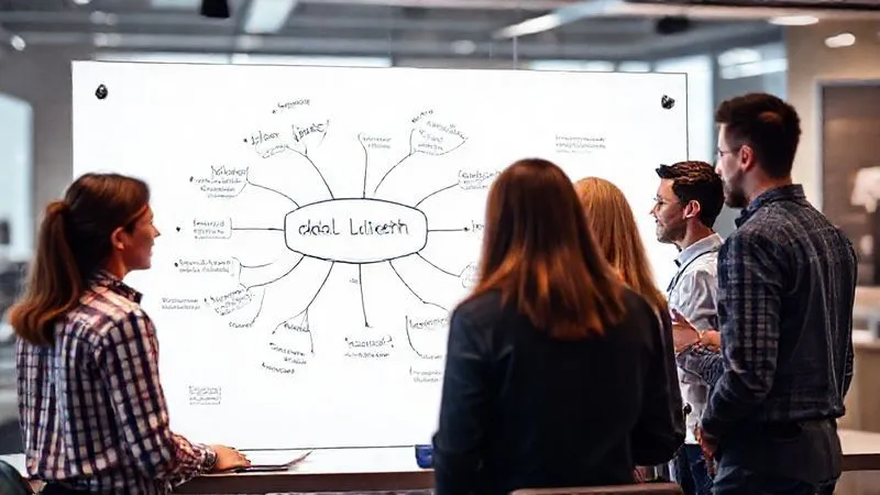A photorealistic image of a diverse group of tech professionals collaborating around a large, transparent whiteboard displaying a mind map with keywords like 'Niche', 'Ideal Client', 'Unique Value Proposition', and 'Scalability'. Cinematic lighting, sharp focus on the whiteboard, depth of field blurring the background, 8K hyper-detailed, professional photography, shot on a high-end DSLR.