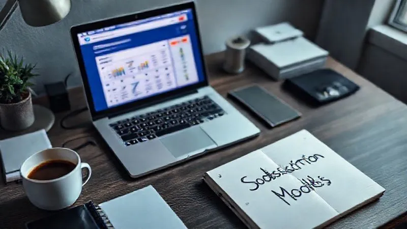 A photorealistic overhead shot of a neatly organized desk with a laptop displaying a membership site dashboard, a cup of coffee, and a notebook with 'Subscription Models' written on it. Cinematic lighting, sharp focus on the laptop screen, depth of field blurring the background, 8K hyper-detailed, professional photography, shot on a high-end DSLR.