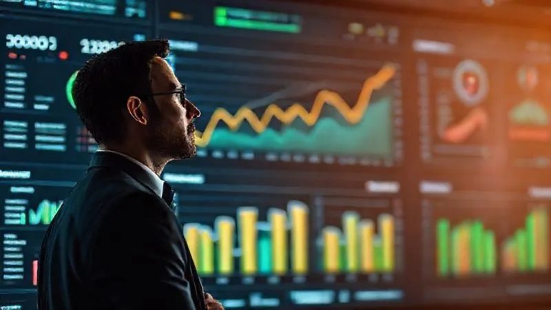 A photorealistic image of a consultant looking thoughtfully at a large, interactive data visualization dashboard displaying various KPIs like CAC, LTV, conversion rates, and retention rates, with an upward trend line prominent. Cinematic lighting, sharp focus on the dashboard, depth of field blurring the background, 8K hyper-detailed, professional photography, shot on a high-end DSLR.