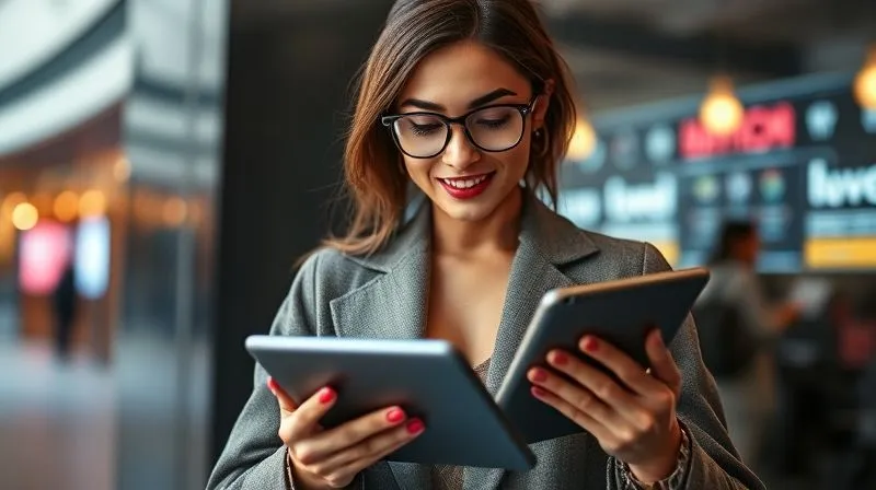 Photorealistic image of a stylish woman browsing fashion on a tablet, with subtle digital overlays indicating AI-driven personalization and data flow. Cinematic lighting, sharp focus, depth of field, 8K hyper-detailed, professional photography.