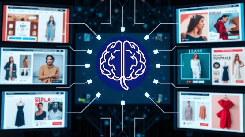 A photorealistic visual representation of AI generating multiple ad creative variations for fashion products, displayed on various screens. A central AI brain icon subtly connects to diverse ad styles. Cinematic lighting, sharp focus, depth of field, 8K hyper-detailed, professional photography.