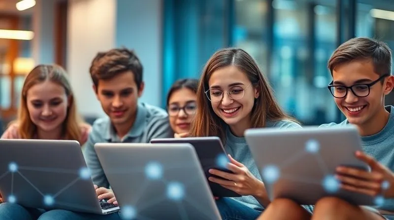 A photorealistic, professional photography, 8K, cinematic lighting image of a diverse group of students actively engaged in online learning on various devices (laptops, tablets), all with happy, focused expressions. A subtle, glowing network overlay connects them, symbolizing seamless, high-performance education. Sharp focus on the students' faces and devices, depth of field blurring a modern, tech-enabled background, shot on a high-end DSLR.