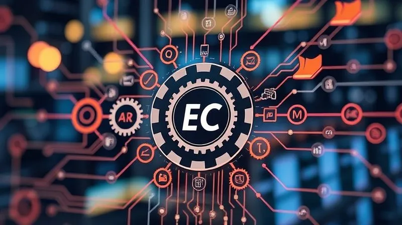 A photorealistic, professional photography of a complex digital workflow diagram with gears and interconnected nodes, representing automation in e-commerce, bathed in cinematic lighting, sharp focus on the central process, depth of field blurring the background, 8K hyper-detailed, shot on a high-end DSLR.