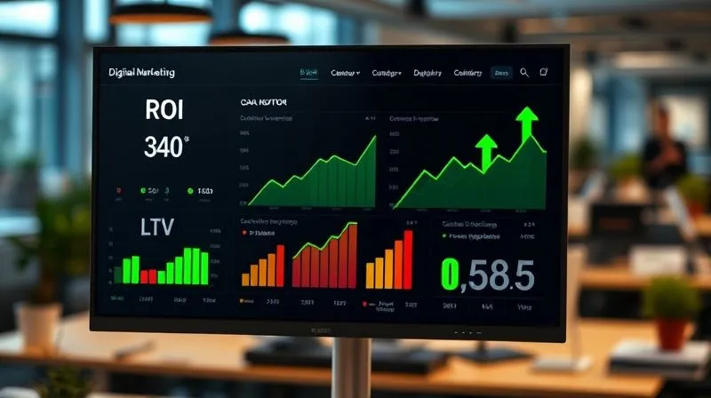 A photorealistic image of a digital marketing dashboard showing various metrics like ROI, CAC, and LTV, with green upward arrows indicating positive trends. The screen is in sharp focus, with a blurred background of a bustling office, cinematic lighting, 8K hyper-detailed, shot on a high-end DSLR.