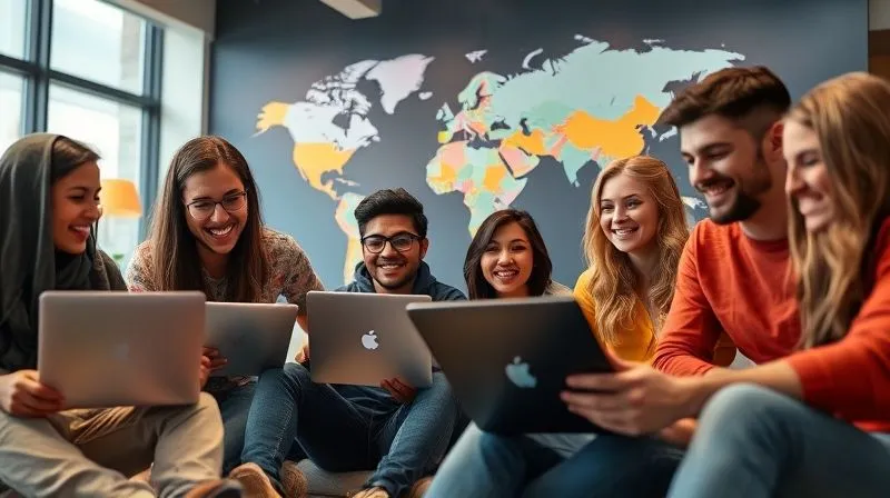 A photorealistic image of a diverse, smiling team of digital nomads collaborating effectively on laptops and tablets in a vibrant, modern co-working space, with a large world map on the wall. The atmosphere is energetic and focused, conveying a sense of global connectivity and shared purpose. Professional photography, 8K, cinematic lighting, sharp focus on the team members, depth of field blurring the background, shot on a high-end DSLR.