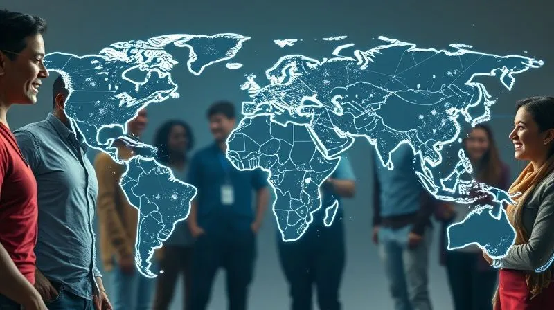 A photorealistic image of a diverse group of people from different continents (represented by subtle cultural cues or flags) interacting enthusiastically with a glowing, holographic world map that displays data points and connections. The scene emphasizes global reach and digital interaction, with data streams flowing between continents. Professional photography, 8K, cinematic lighting, sharp focus on the people and the holographic map, depth of field blurring the background, shot on a high-end DSLR.