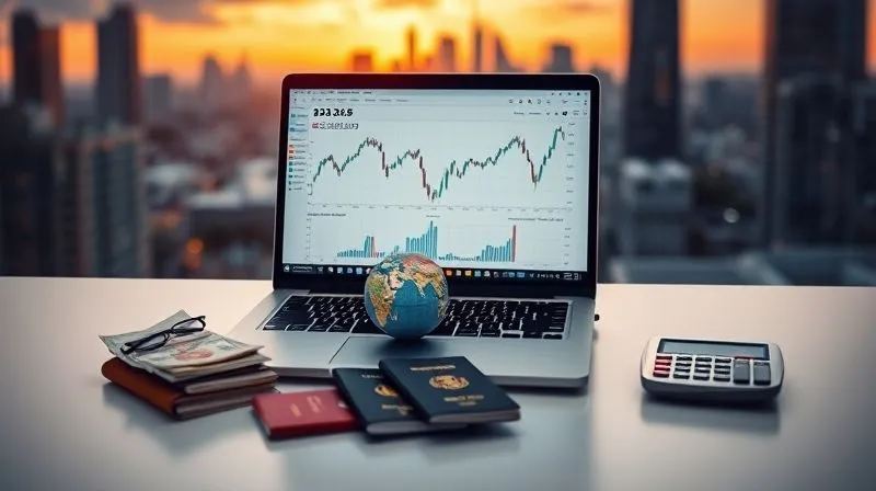 A photorealistic image of a sleek, minimalist desk setup with a laptop displaying complex financial charts and a globe. Surrounding the laptop are multiple passports from different countries, a multi-currency wallet, and a calculator. The background is a blurred cityscape at sunset, conveying global business activity. Professional photography, 8K, cinematic lighting, sharp focus on the financial charts and passports, depth of field blurring the cityscape, shot on a high-end DSLR.