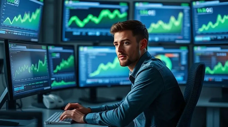 Photorealistic image of a person sitting at a desk, surrounded by multiple screens displaying social media analytics dashboards with green upward trends. The person has a thoughtful expression, analyzing data. Cinematic lighting, sharp focus, depth of field, 8K, professional photography, shot on a high-end DSLR.