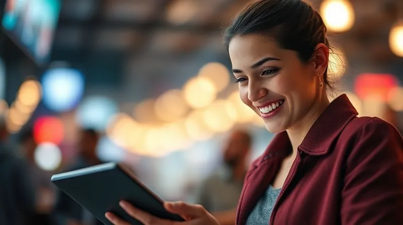 Photorealistic image of a person smiling while looking at a tablet, with a blurred background of a bustling social media feed. The person's expression conveys genuine connection and engagement, despite the digital context. Cinematic lighting, sharp focus on the person and tablet, depth of field, 8K, professional photography, shot on a high-end DSLR.