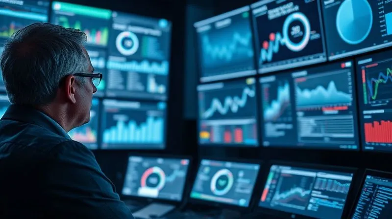 A photorealistic image of a person intently analyzing complex data visualizations on multiple screens in a dimly lit, modern control room. The screens display charts, graphs, and metrics related to website traffic and revenue. Professional photography, 8K, cinematic lighting, sharp focus on the person and screens, depth of field, shot on a high-end DSLR, conveying deep analysis and strategic insight.