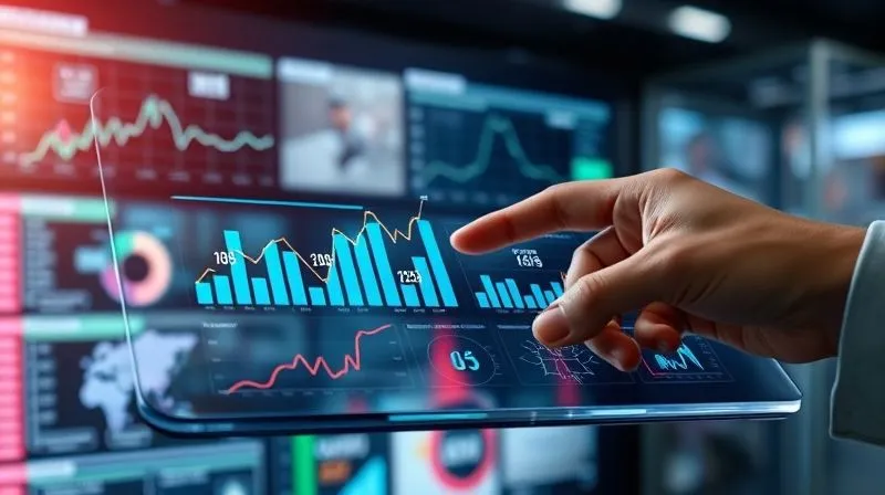 A photorealistic image of a futuristic, transparent tablet displaying real-time analytics dashboards with upward-trending graphs and key performance indicators. A hand is interactively zooming in on a specific data point, with a blurred background of a dynamic tech newsfeed. Professional photography, 8K, cinematic lighting, sharp focus on the tablet and hand, depth of field, shot on a high-end DSLR, conveying proactive monitoring and quick adaptation.
