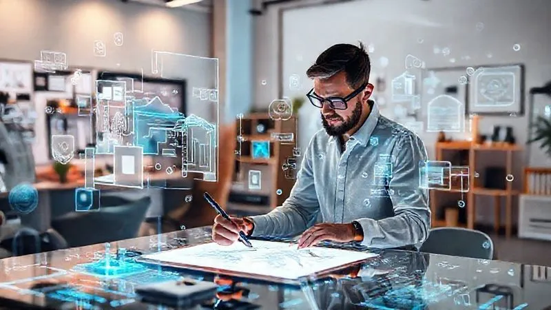 A photorealistic image of a futuristic design studio, with a human designer collaborating seamlessly with an AI interface. The designer is sketching on a tablet, while holographic projections of various social media designs, rapidly iterating and optimizing, surround them. The scene is bathed in soft, creative lighting, emphasizing synergy and innovation. 8K, cinematic lighting, sharp focus, depth of field, shot on a high-end DSLR.