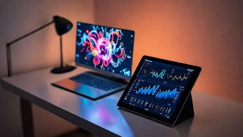 A photorealistic, highly detailed studio shot of a sleek, minimalist desk setup. On the desk, a high-performance laptop displays a generative AI art interface, showing abstract, vibrant social media designs being created. Next to it, a tablet shows real-time analytics dashboards with glowing graphs and data points. The scene emphasizes modern tools and data-driven creativity, with soft, ambient lighting. 8K, cinematic lighting, sharp focus, depth of field, shot on a high-end DSLR.