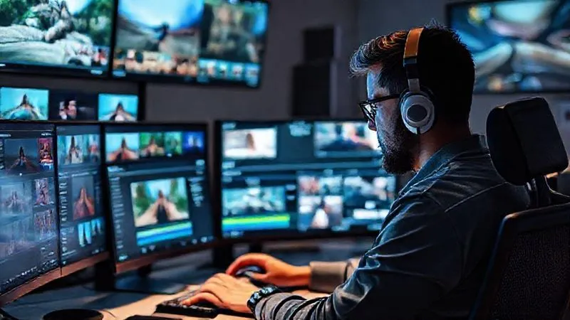 A photorealistic image of a digital artist working on a video editing software interface, surrounded by multiple monitors displaying various video templates and a library of digital assets. Cinematic lighting, sharp focus on the creative process, 8K hyper-detailed, professional photography, shot on a high-end DSLR.