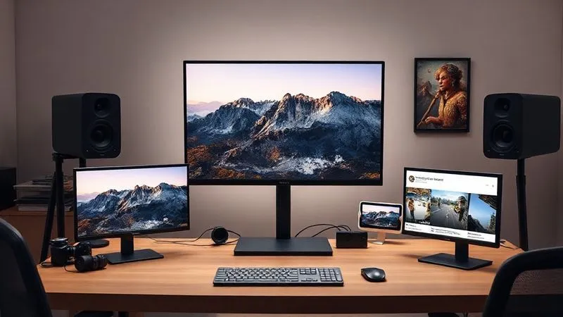 A photorealistic image of a creative workspace with a large central monitor displaying a long-form video, surrounded by smaller screens showing various repurposed versions: a vertical video for social media, a short GIF, and a blog post snippet. Cinematic lighting, sharp focus on the content transformation, 8K hyper-detailed, professional photography, shot on a high-end DSLR.