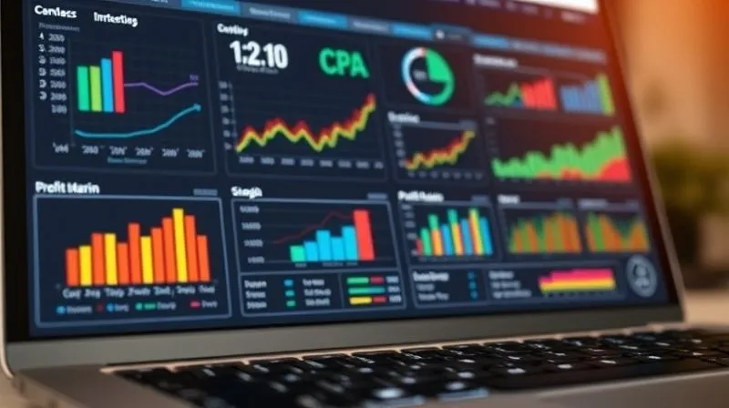 A photorealistic image of a detailed digital dashboard displaying various marketing metrics like CTR, CPC, CPA, Conversion Rate, and Profit Margin. The data is presented in clear, color-coded graphs and charts, suggesting a deep audit process. Cinematic lighting, sharp focus on the analytical data, depth of field subtly blurring a laptop keyboard in the foreground, 8K hyper-detailed, professional photography.