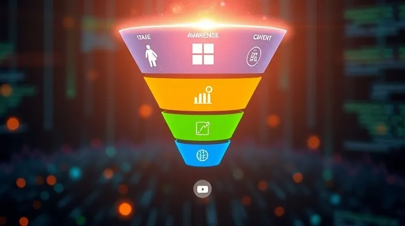 A photorealistic image of a vibrant, multi-stage sales funnel glowing with digital light, illustrating the flow from a wide top (awareness) to a narrow bottom (conversion). Each stage is clearly defined with icons representing different marketing activities like social media, content marketing, and direct offers. Cinematic lighting, sharp focus on the funnel structure, depth of field blurring a background of abstract data streams, 8K hyper-detailed, professional photography.