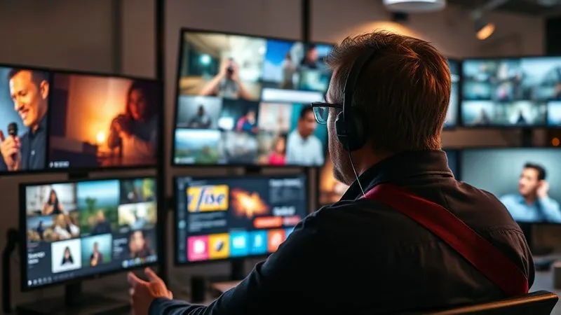 A photorealistic image of a creative director reviewing various digital ad creatives on multiple screens, showing vibrant video ads and impactful static images for e-commerce. The atmosphere is dynamic and focused, with cinematic lighting. Sharp focus on the screens and the strategist, depth of field. 8K hyper-detailed, professional photography, shot on a high-end DSLR.