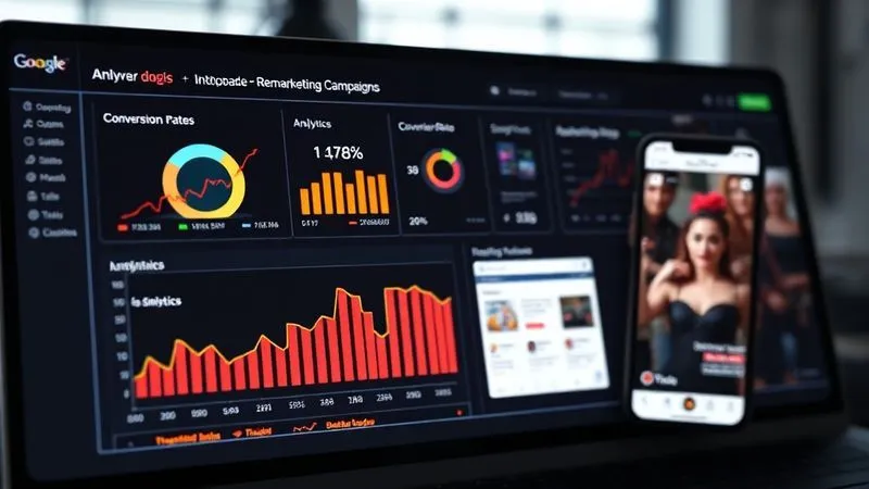 A photorealistic image of a digital marketing dashboard displaying various analytics for remarketing campaigns, showing high conversion rates and ROAS. On a second screen, a user-friendly e-commerce landing page is visible, optimized for mobile. Cinematic lighting, sharp focus, depth of field. 8K hyper-detailed, professional photography, shot on a high-end DSLR.