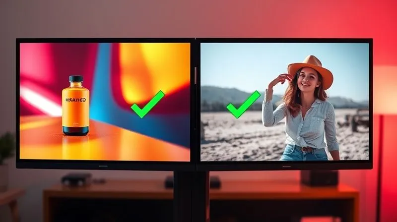 A photorealistic image of two distinct ad creatives (one with a vibrant product shot, another with a lifestyle image) being displayed side-by-side on a large monitor, with green checkmarks indicating the winning creative, representing an A/B testing process. Cinematic lighting, sharp focus on the screens, depth of field blurring the background, 8K hyper-detailed, professional photography, shot on a high-end DSLR.