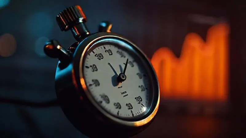 A photorealistic image of a stopwatch with the second hand blurred from fast movement, superimposed over a digital graph showing a sharp decline in user engagement as load time increases. Cinematic lighting, sharp focus on the stopwatch, depth of field. 8K hyper-detailed, professional photography.