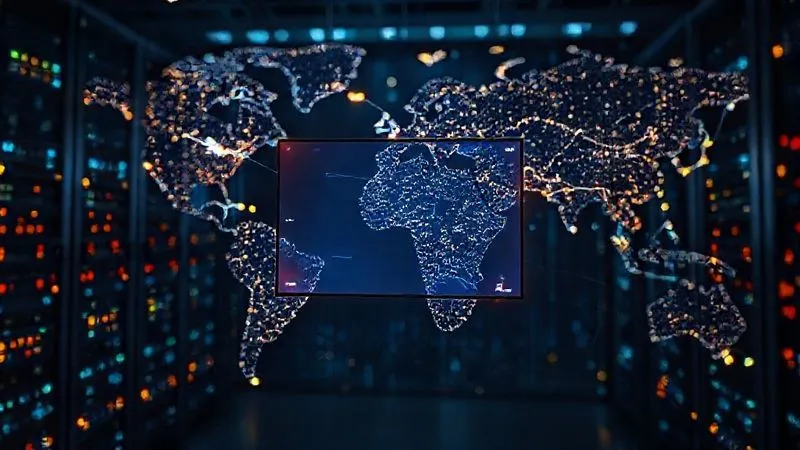 A photorealistic, professional photography, 8K, cinematic lighting, sharp focus, depth of field, shot on a high-end DSLR, of a global network of interconnected servers, with glowing lines representing data flow, converging quickly to a central glowing landing page interface on a screen. The background is a subtle world map, highlighting speed and global reach.