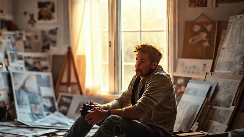 A photorealistic image of a thoughtful photographer, illuminated by soft window light, sitting amidst mood boards and scattered prints, contemplating their artistic vision and future portfolio direction. The scene conveys creativity and introspection, with sharp focus on the photographer's pensive expression and a soft depth of field on the background elements. 8K hyper-detailed, shot on a high-end DSLR, professional photography.