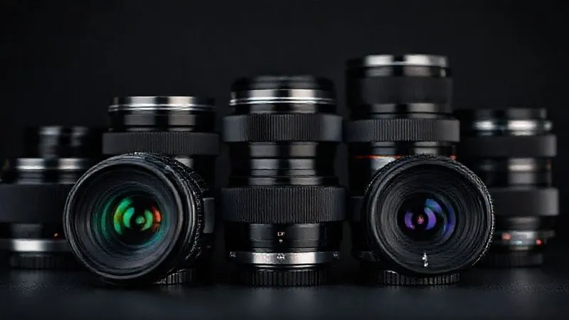 A close-up, photorealistic image of a collection of high-end prime lenses (e.g., 35mm, 50mm, 85mm) neatly arranged on a minimalist dark background, showcasing their intricate glass elements and metal bodies. Soft, cinematic lighting emphasizes their precision and build quality. Sharp focus on the front elements of the lenses, with a gentle depth of field. 8K hyper-detailed, shot on a high-end DSLR, professional photography.