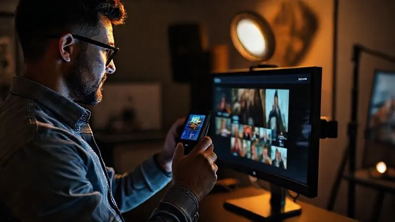 A photorealistic image of a professional photographer, wearing casual but stylish attire, carefully using a color calibration device attached to their high-resolution monitor in a dimly lit studio. The screen displays a vibrant photography portfolio, and the surrounding environment suggests a creative workspace. Cinematic lighting, sharp focus on the calibration process and monitor, with a soft depth of field on the studio elements. 8K hyper-detailed, shot on a high-end DSLR, professional photography.