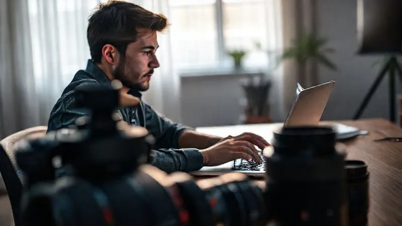 A photorealistic image of a person sitting at a desk, intently comparing prices and specifications of camera gear on a laptop, with a professional camera body and a couple of lenses subtly blurred in the foreground. The scene conveys careful consideration and smart investment, with cinematic lighting highlighting the screen and the person's focused expression. Sharp focus on the laptop screen, with a soft depth of field. 8K hyper-detailed, shot on a high-end DSLR, professional photography.