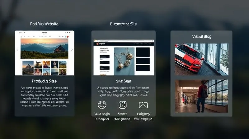 A photorealistic infographic showing three distinct sections: 'Portfolio Website' with a landscape photo, 'E-commerce Site' with a product shot of jewelry, and 'Visual Blog' with a candid street photography image. Each section has icons representing specific gear (e.g., wide-angle lens for landscape, macro lens for product, fast prime for street). Professional photography, 8K, cinematic lighting, sharp focus, depth of field.