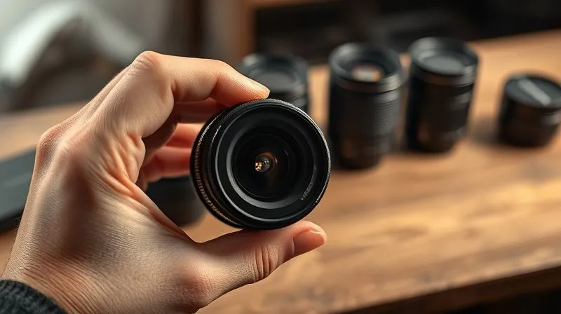 A close-up, photorealistic shot of a photographer's hand holding a prime lens (e.g., 50mm f/1.4), with a selection of other lenses (macro, wide-angle) neatly arranged in the background on a wooden table. Cinematic lighting, sharp focus on the prime lens, depth of field blurring the background, 8K hyper-detailed, professional photography, conveying precision and choice.