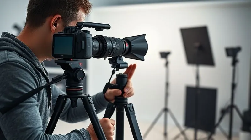 A professional photographer meticulously setting up a high-end tripod with a camera mounted, adjusting a reflector to bounce light onto a subject (out of frame). The scene is in a clean, modern studio setting, showcasing various photography accessories like diffusers and light stands in the background. Cinematic lighting, sharp focus on the setup, depth of field blurring the studio background, 8K hyper-detailed, professional photography.