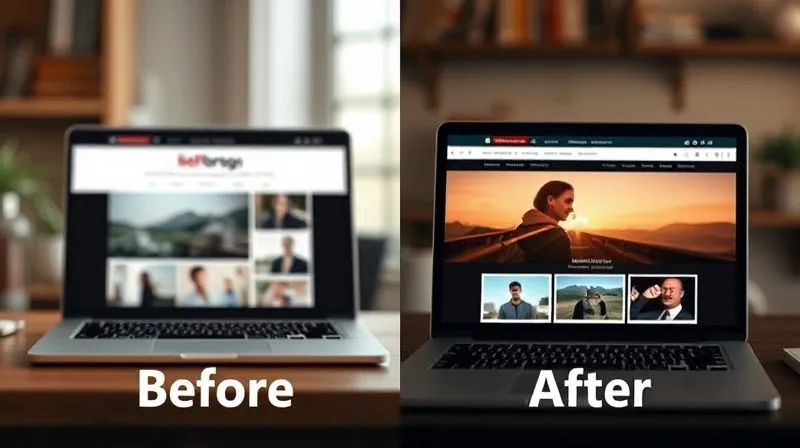 A split image, photorealistic, showing 'Before' and 'After' for a photography website. The 'Before' side displays a website with slightly blurry, inconsistent photos. The 'After' side shows the same website design but with sharp, vibrant, professionally lit photographs that exude quality. Cinematic lighting, sharp focus on both website screens, depth of field blurring the background, 8K hyper-detailed, professional photography, conveying a clear improvement.