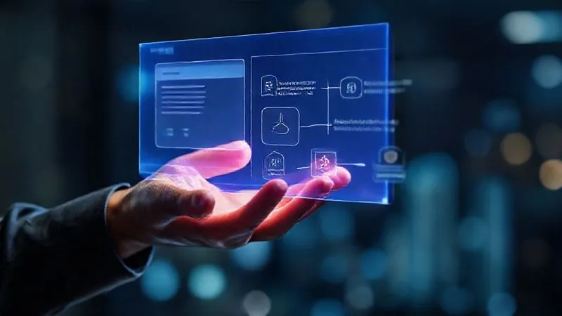 A photorealistic image of a person's hand interacting with a holographic interface displaying various landing page builder features like drag-and-drop, A/B testing, and integrations, 8K, cinematic lighting, sharp focus, depth of field, shot on a high-end DSLR.
