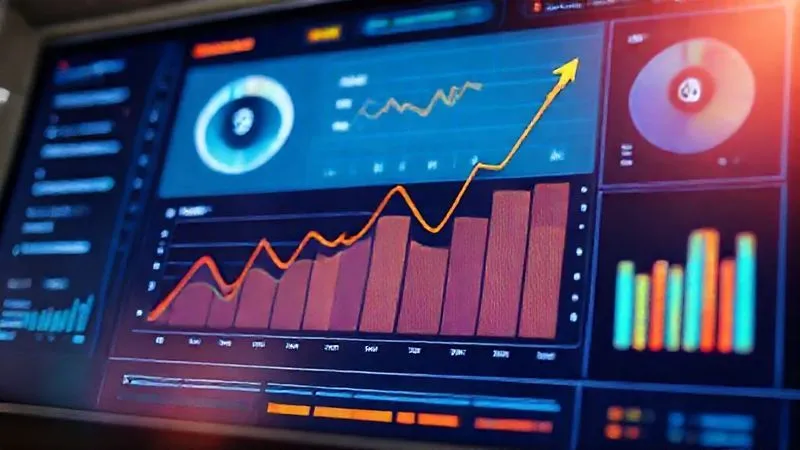A photorealistic image of a vibrant dashboard displaying key performance indicators (KPIs) like conversion rate, lead volume, and ROI, with an upward trend line clearly visible, 8K, cinematic lighting, sharp focus, depth of field, shot on a high-end DSLR.