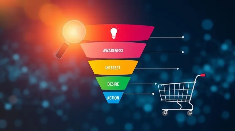 A photorealistic infographic showing a digital marketing sales funnel, with clear stages: 'Awareness', 'Interest', 'Desire', 'Action'. Each stage is visually distinct with relevant icons (e.g., magnifying glass for awareness, lightbulb for interest, shopping cart for action). The funnel is illuminated by cinematic lighting, with a sharp focus on the flow of the stages, and a subtle depth of field blurring a background of abstract digital connections. 8K hyper-detailed, professional photography, shot on a high-end DSLR.